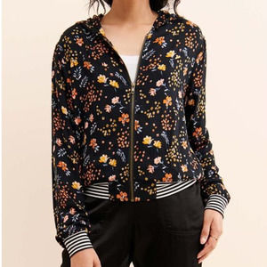 saltwater Luxe Black Floral Striped Full Zip Bomber Hoodie Women Sz XS